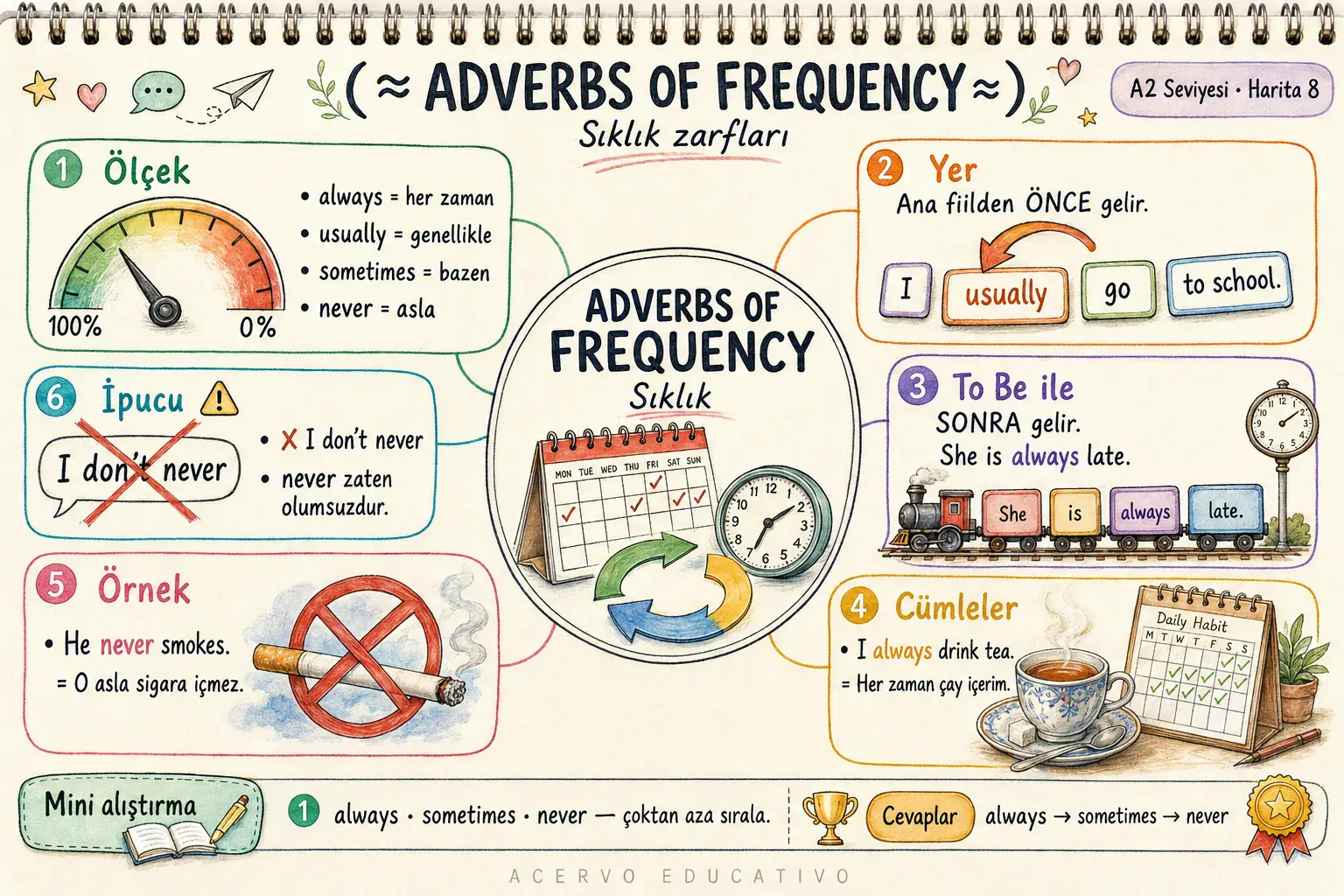 Zihin haritası — Adverbs of Frequency · Sıklık Zarfları (A2)